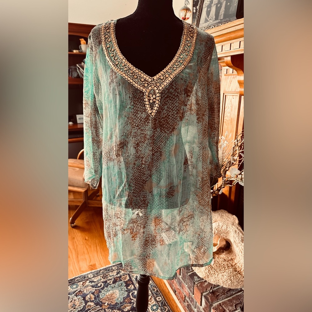 Aqua Blu Teal and Brown embellished neckline Sheer , 1X, bust 23" across NWT